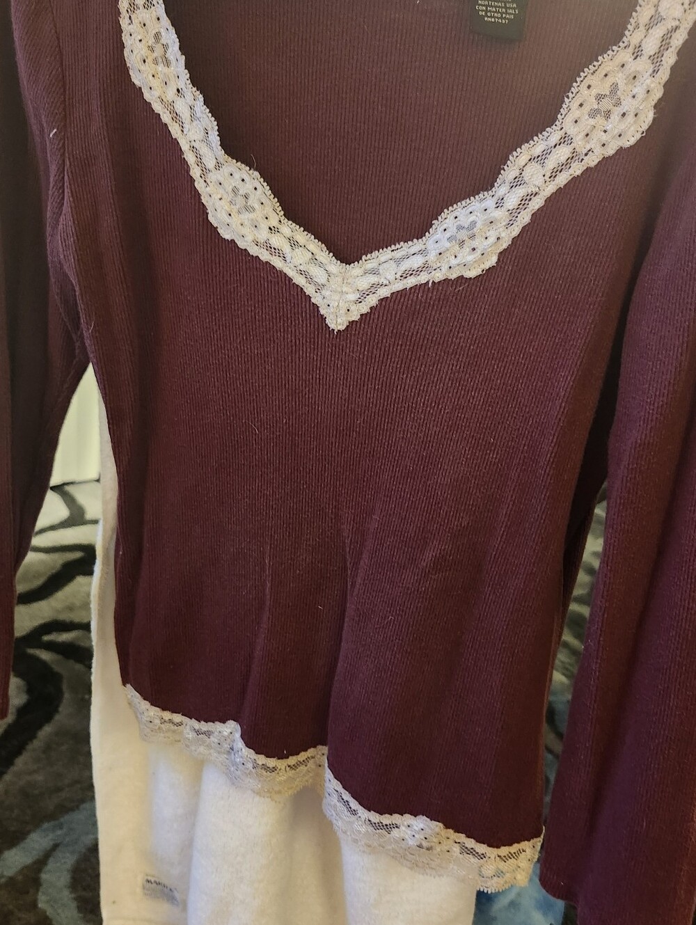 Polo by Ralph Lauren Burgundy Long-Sleeve Ribbed Top with Cream Lace Trim